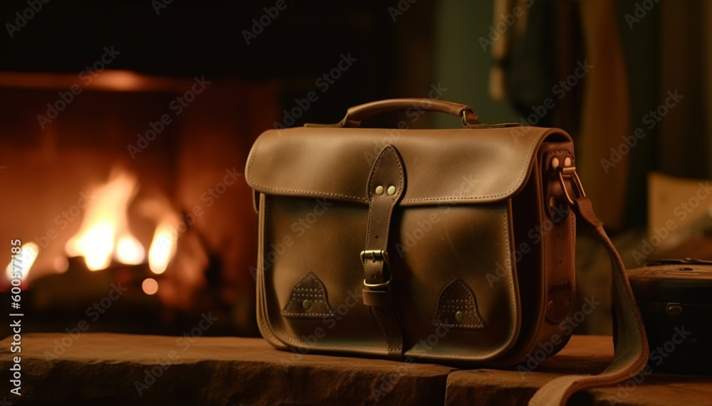 Leather suitcase on wood floor, ready for adventure generated by AI