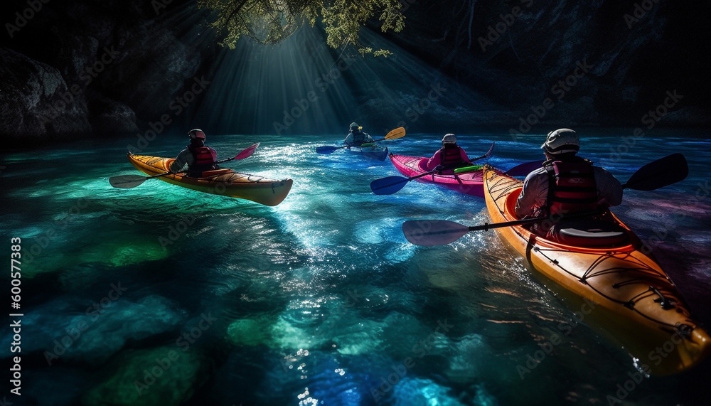 Men paddling nautical vessel, enjoying nature adventure generated by AI