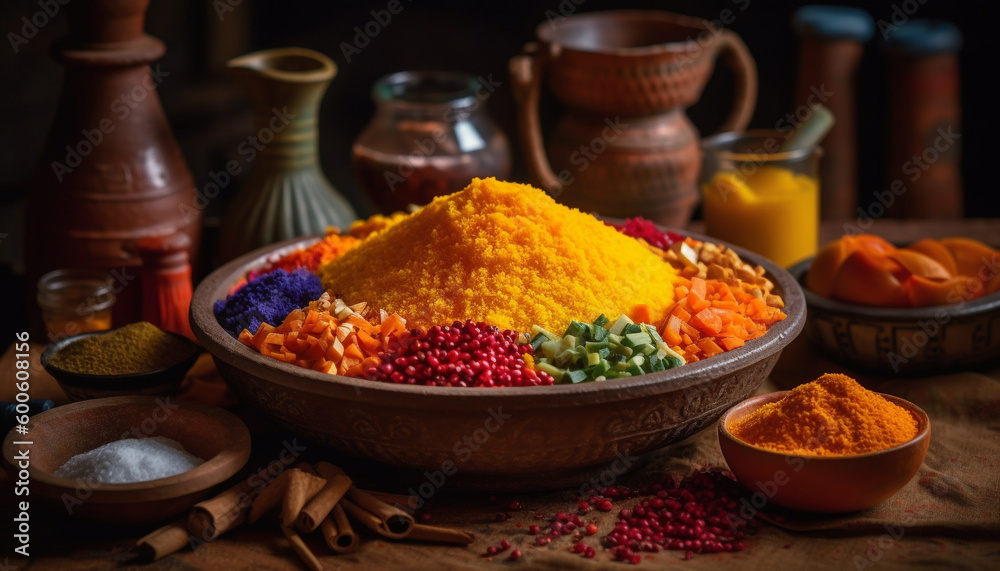 Rustic bowl of vegetarian curry with turmeric and saffron rice generated by AI