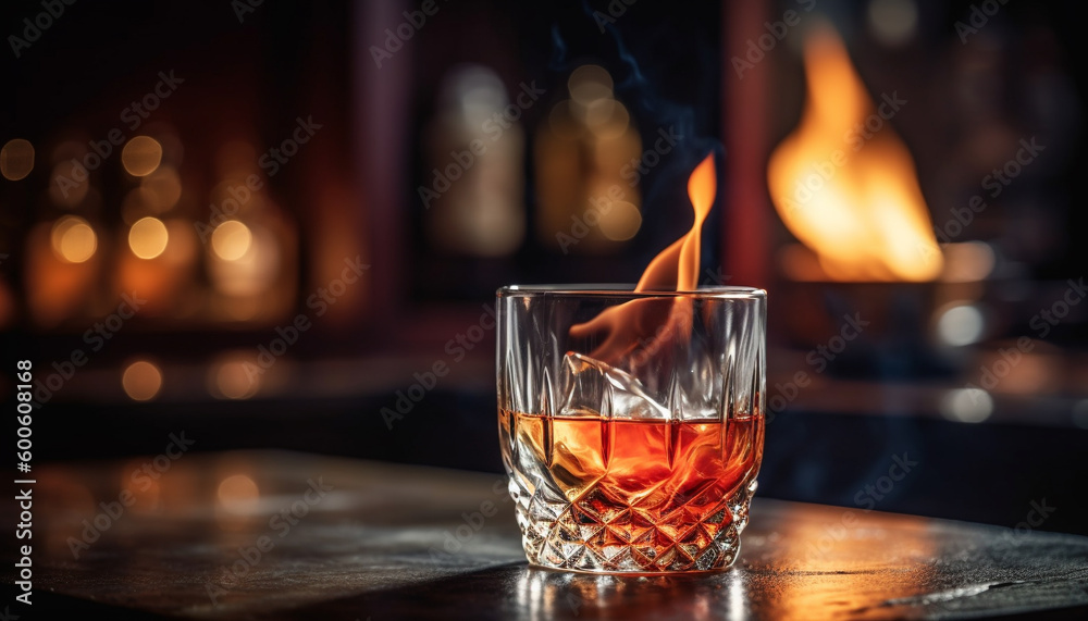 A luxurious whiskey cocktail on a burning wood table generated by AI