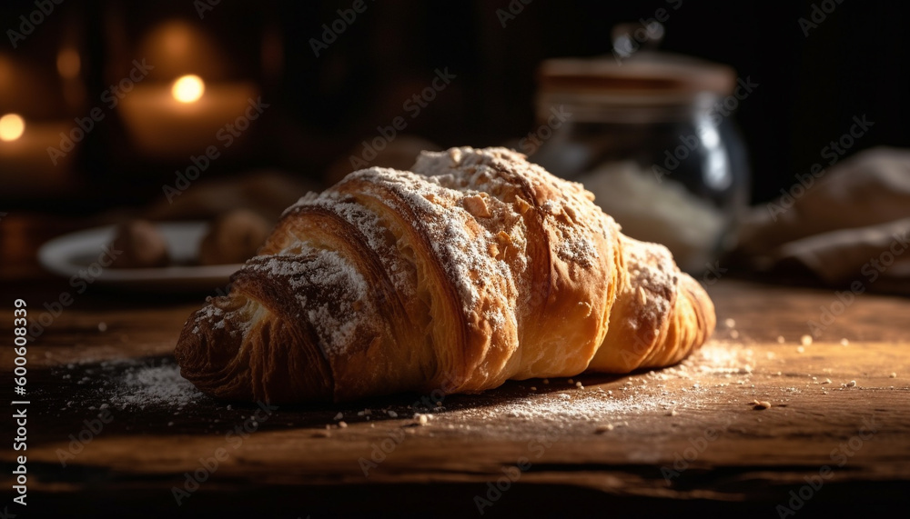 Rustic French croissant on dark wooden table, a gourmet indulgence generated by AI