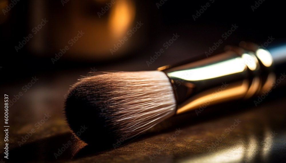 Make up artist applies shiny eyeshadow with paintbrush in studio shot generated by AI