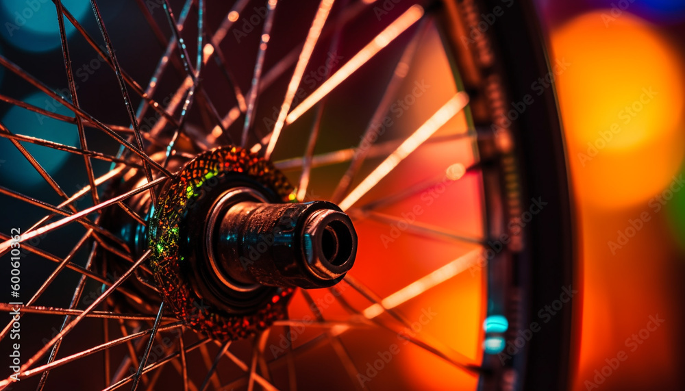 Chrome bicycle gear spins in motion, a metallic adventure machine generated by AI