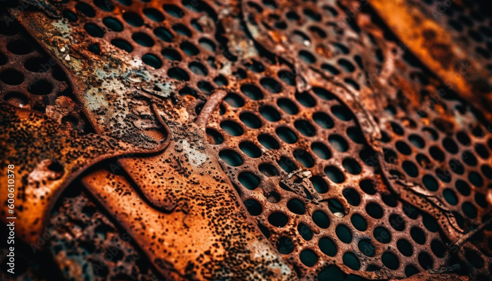 Rusty metallic honeycomb shape, spotted bee with animal markings outdoors generated by AI