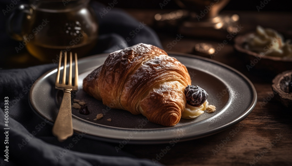 A gourmet French snack: chocolate croissant on rustic wooden plate generated by AI