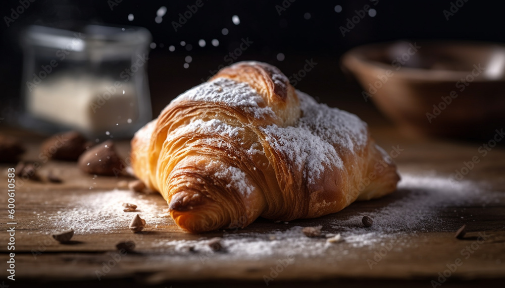 Indulgent French pastries on rustic table, unhealthy but delicious snack generated by AI