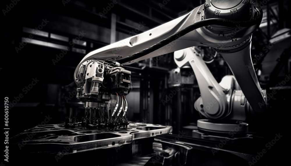 Futuristic robotic arm controls production line of metallic machinery indoors generated by AI