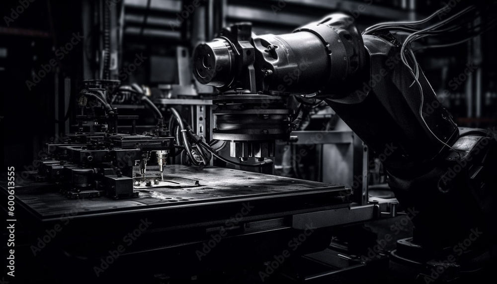 Robotic arm turns steel on lathe in futuristic metal industry generated by AI