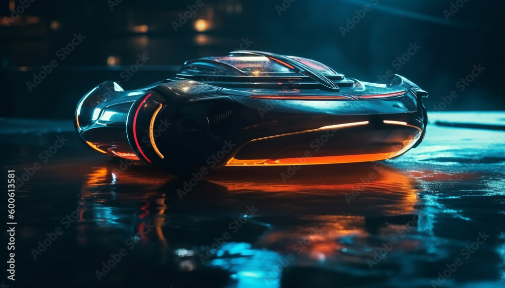 A shiny yellow yacht sails through dark, illuminated waters at dusk generated by AI