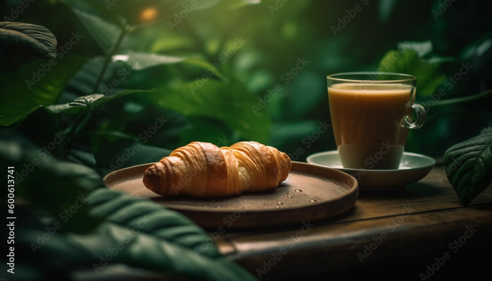 A rustic croissant and coffee on a wooden table indoors generated by AI