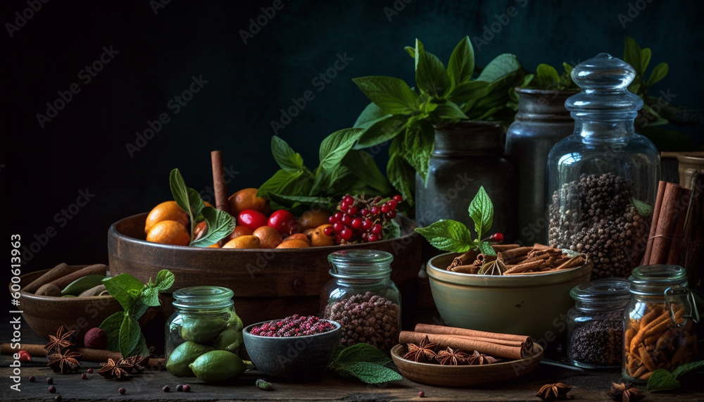 Fresh organic fruit and herb bowl with spicy seasoning variation generated by AI