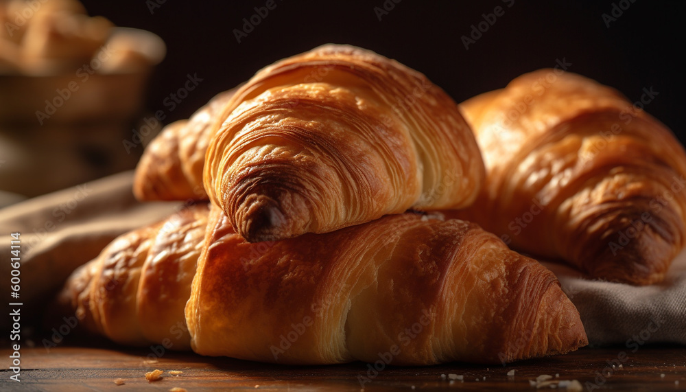 Freshly baked French pastries on rustic wooden table, ready to eat indulgence generated by AI