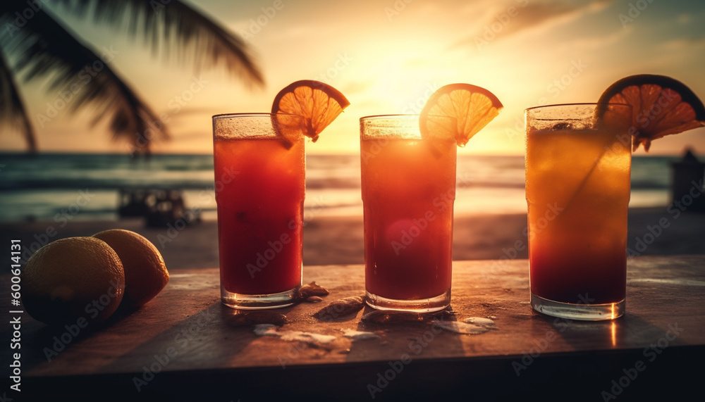 Fresh citrus slices adorn a mojito cocktail at sunset party generated by AI