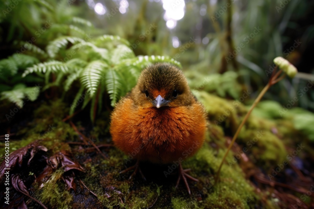 tiny bird perched on a bed of vibrant green moss. Generative AI