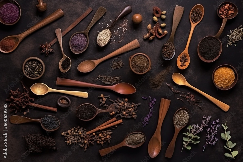 Variety of Spices Stored in Different Spoons. Generative AI