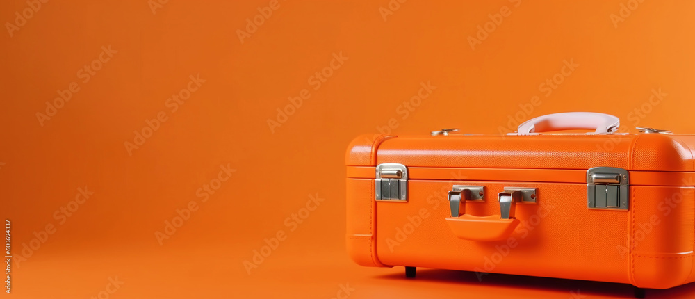 Orange travel suitcase, on orange background. Trip concept. Generative AI