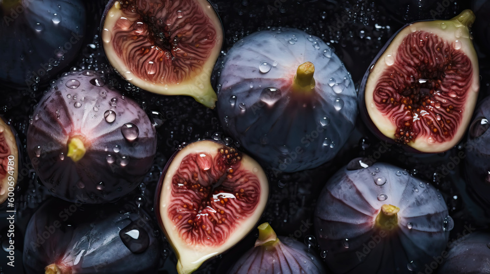 Fresh ripe figs with water drops background. Fruits backdrop. Generative AI