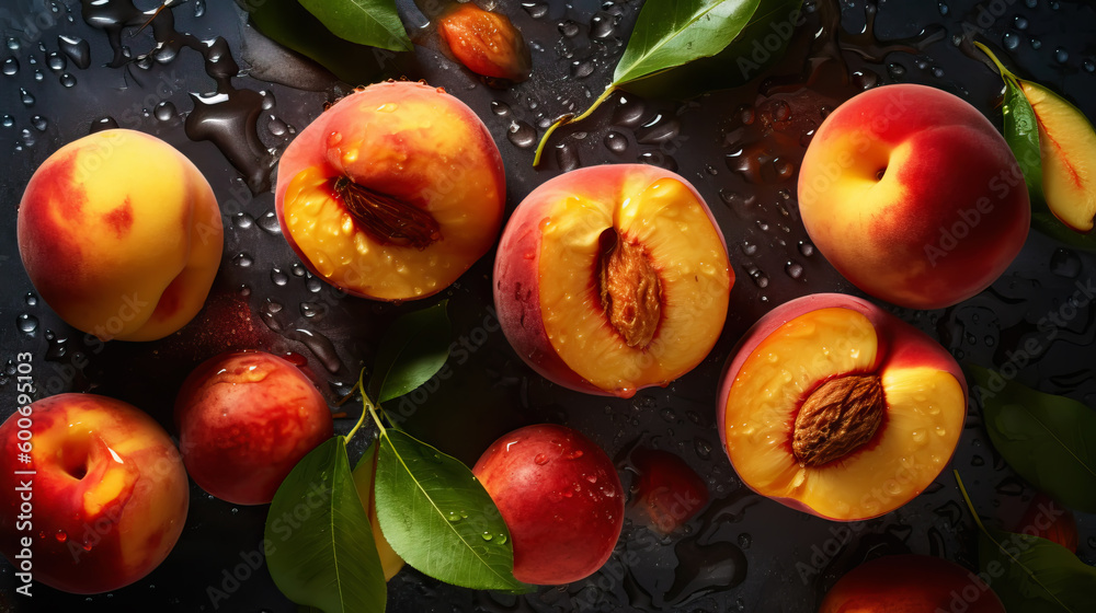 Fresh ripe peaches with water drops background. Fruits backdrop. Generative AI