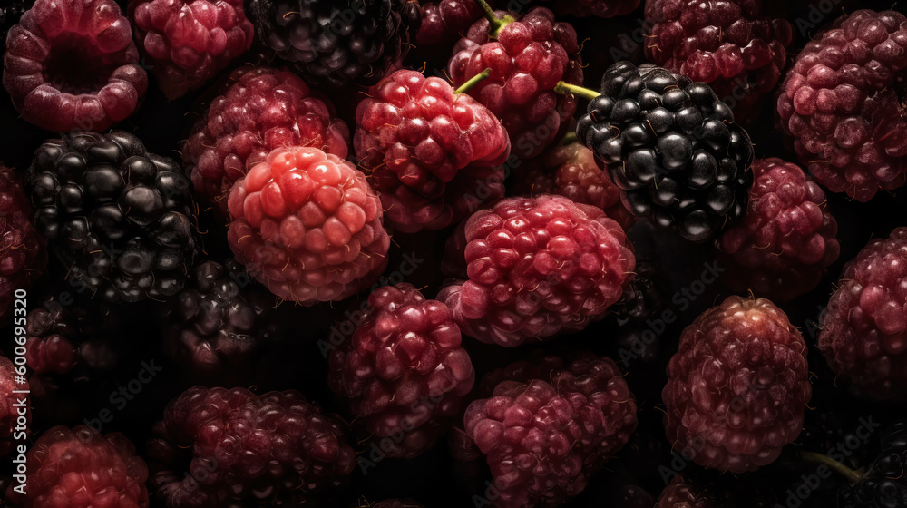 Fresh ripe mulberry with water drops background. Berries backdrop. Generative AI