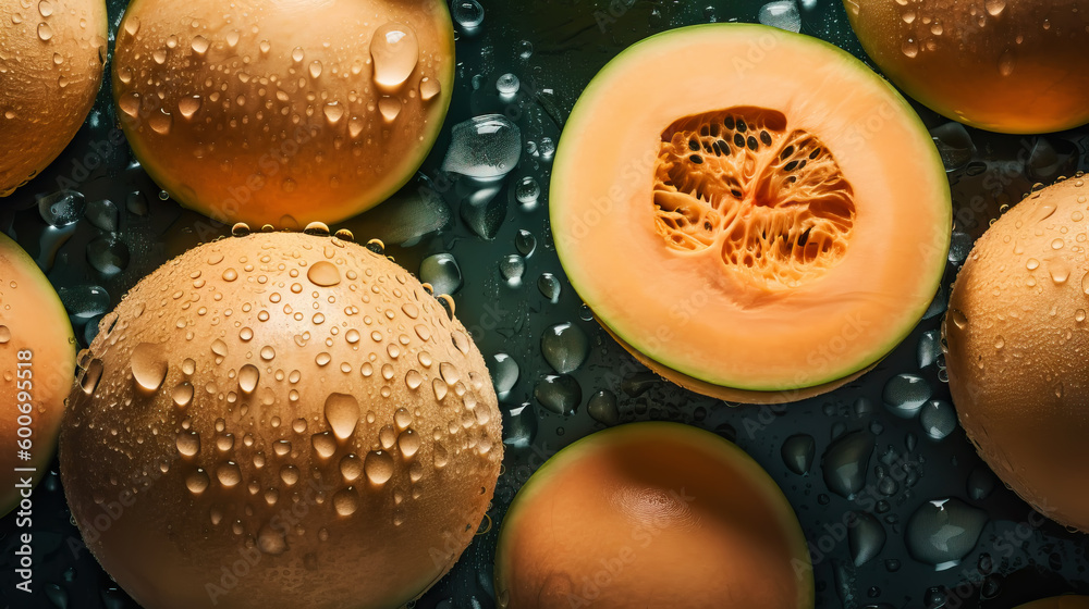 Fresh ripe cantaloupes with water drops background. Fruits backdrop. Generative AI