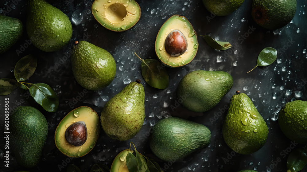 Fresh ripe avocados with water drops background. Fruits backdrop. Generative AI