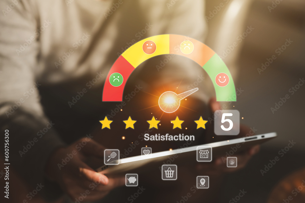 Close up of person hand using phone with pop-up five star icon for satisfaction review service Custo