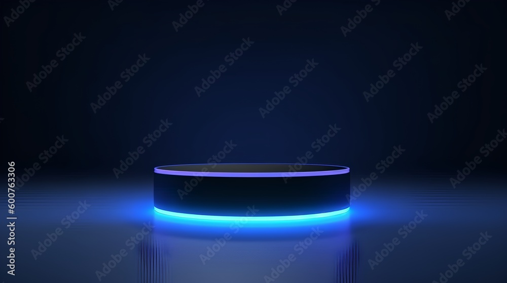 Sleek product showcase mockup, minimalistic stage podium. High-tech ambiance. Dominated by dark blue