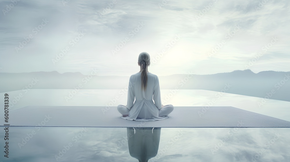 A back view of a solitary individual sitting in the lotus pose in a serene, abstract environment of 