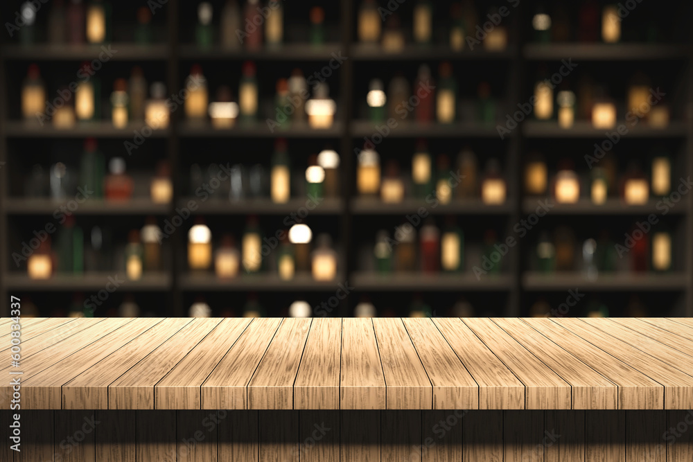 Empty Wood Plank Cafe Bar With Bulrred Background 3D Rendering