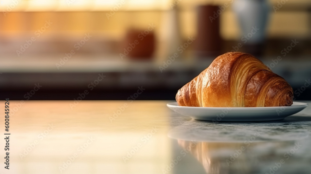 Morning coffee with croissant. Illustration AI Generative.