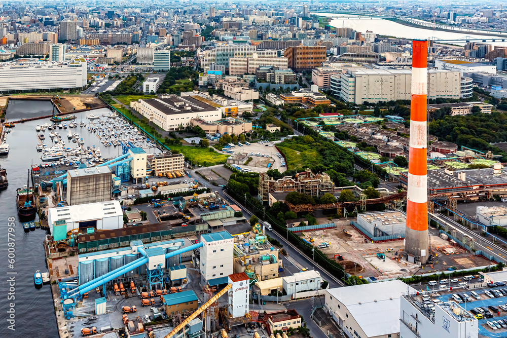 Aerial view of an industrial section of Koto City in Tokyo, Japan