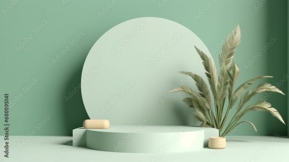 Pastel green podium display. Illustration AI Generative.