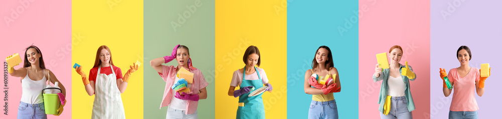 Collage of young women with cleaning sponges and detergents on color background