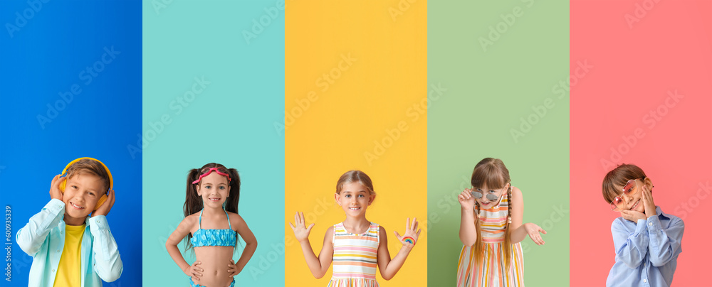 Collection of little children on color background