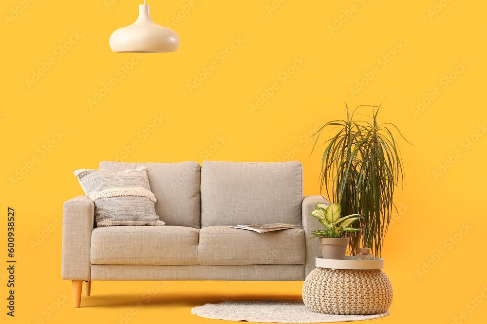 Cozy grey sofa, pouf and houseplants on yellow background