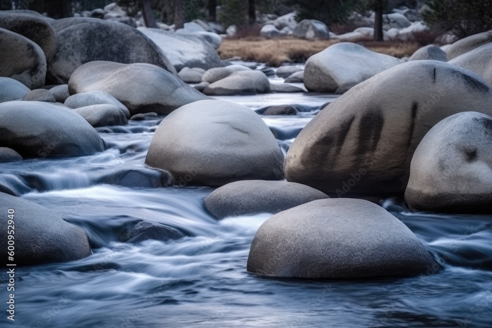 serene stream flowing through a forested landscape Generative AI