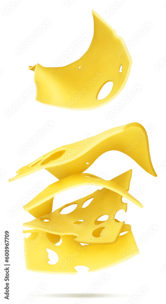 Falling slices of cheese on a white isolated background