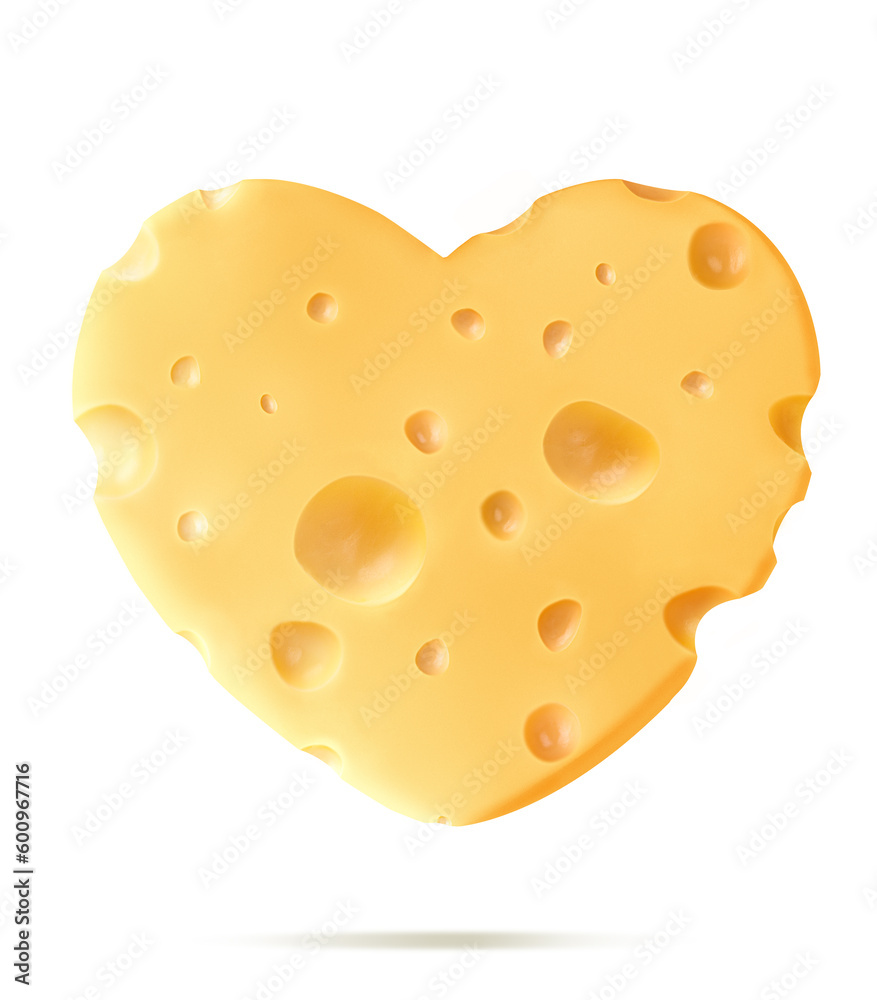 A piece of cheese in the shape of a heart on a white isolated background