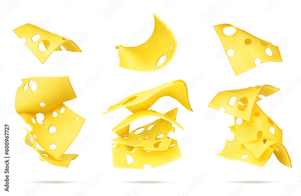 Set of falling slices of cheese on a white isolated background