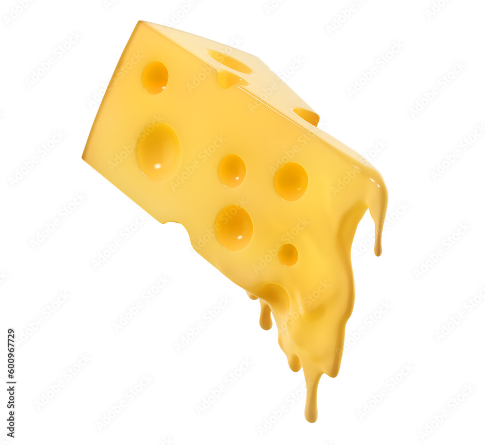 Melted piece of cheese in the air on a white background. 3d illustration