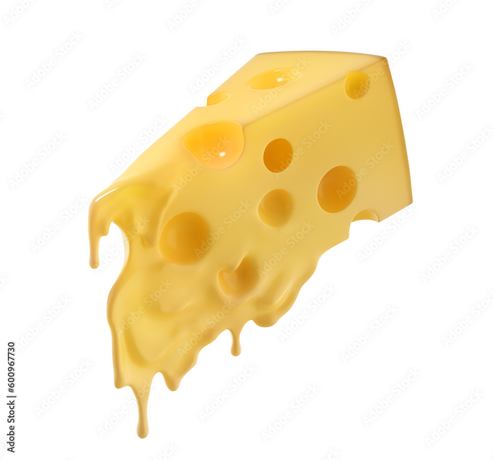 Melted piece of cheese in the air on a white background. 3d illustration