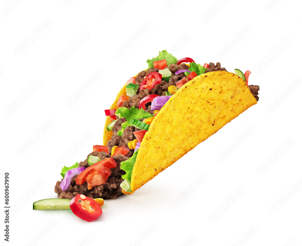 Chopped toppings spilling out of a Mexican taco isolated on a white background