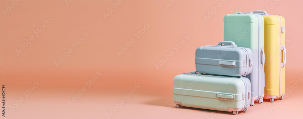 Pastel colored scene with travel suitcases, on uniform background. Trip concept. Generative AI