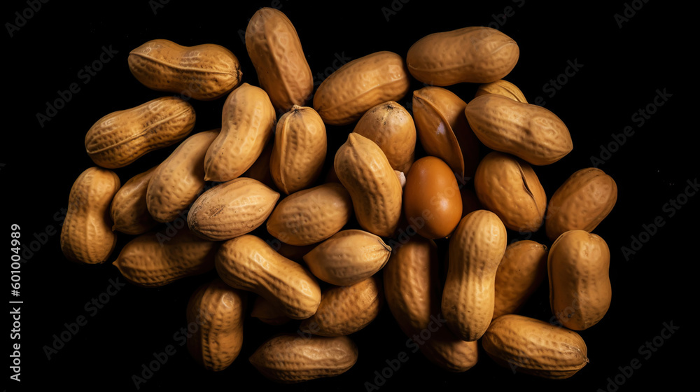 Many roasted peanuts on dark background. Food Backdrop. Generative AI