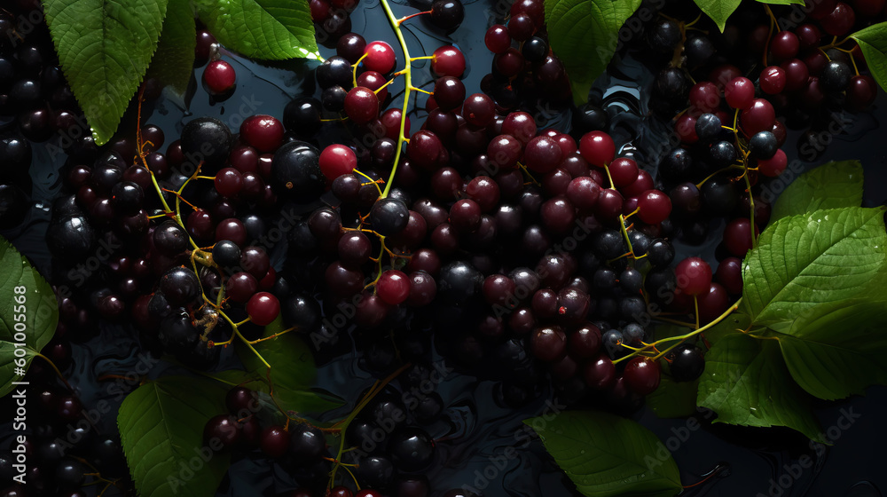 Fresh ripe elderberry with water drops background. Berries backdrop. Generative AI