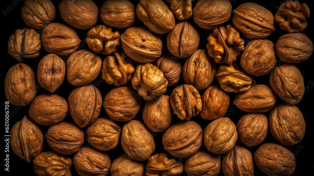 Walnuts with and without shells filling the view. Top view background of fresh walnuts. Generative A