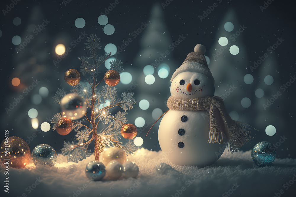 Panoramic view of happy snowman in winter scenery in the night (ai generated)