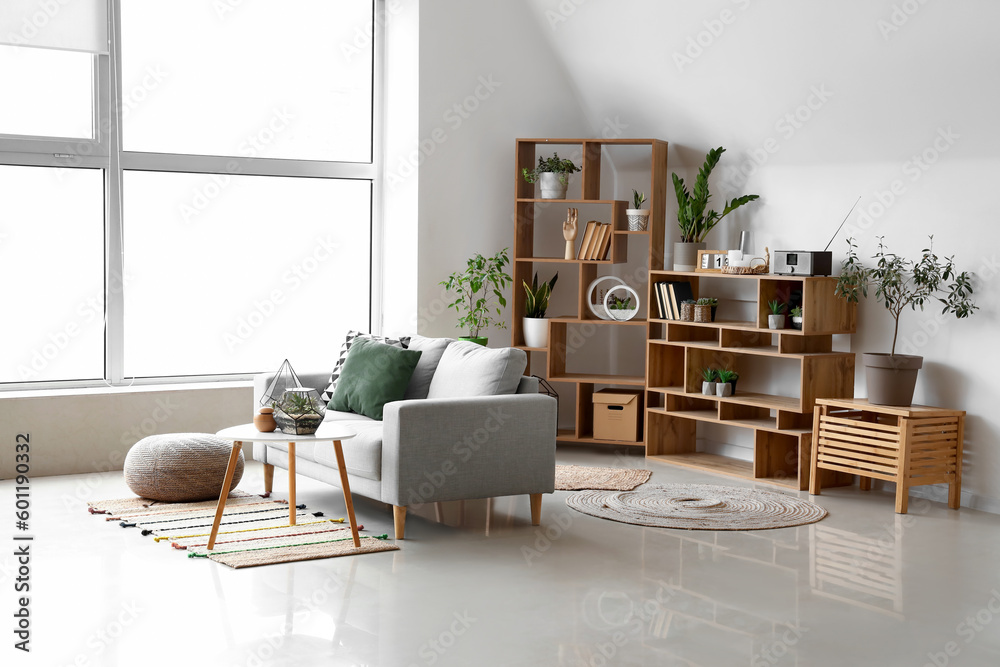 Interior of light living room with sofa, florariums and bookcase