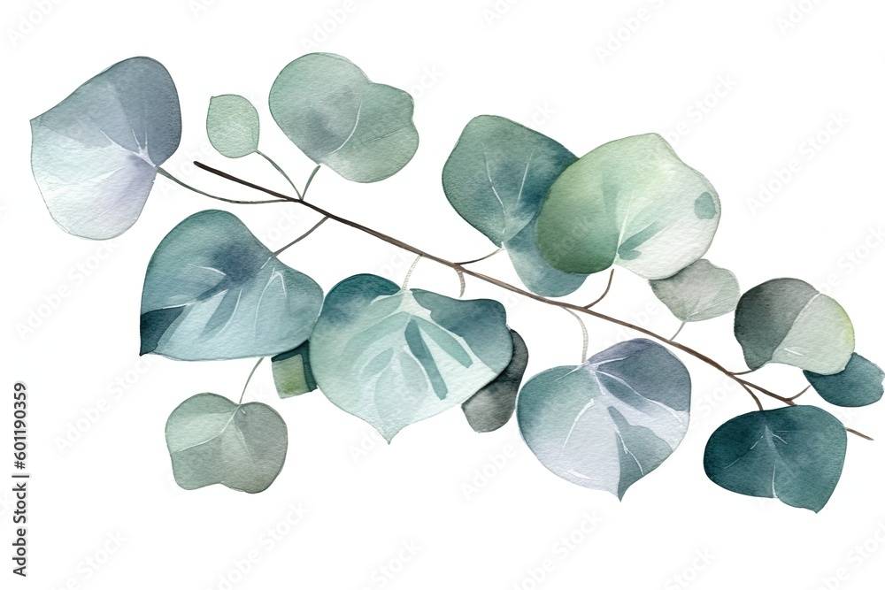 watercolor branch with leaves on white background Generative AI