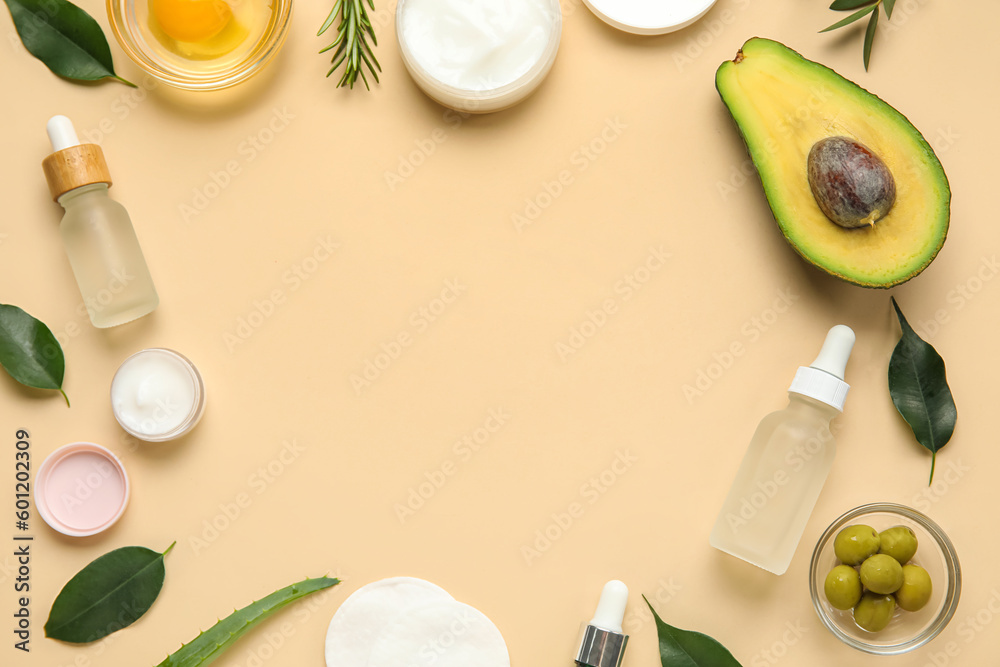 Frame made of natural cosmetics and ingredients on color background